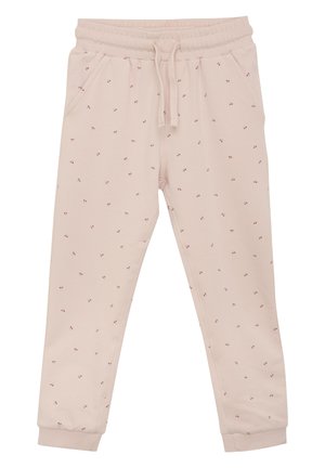 Ljust rosa joggers i mjuk bomullsblandning, med elastisk midja, dragsko, sidofickor och små röda blommönster.