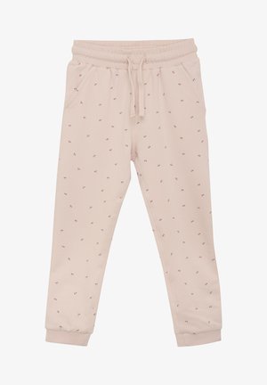 Ljust rosa joggers i mjuk bomullsblandning, med elastisk midja, dragsko, sidofickor och små röda blommönster.