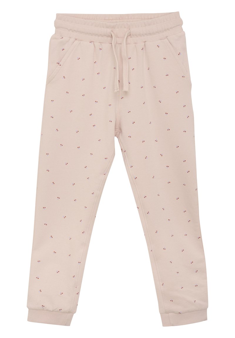 Ljust rosa joggers i mjuk bomullsblandning, med elastisk midja, dragsko, sidofickor och små röda blommönster.