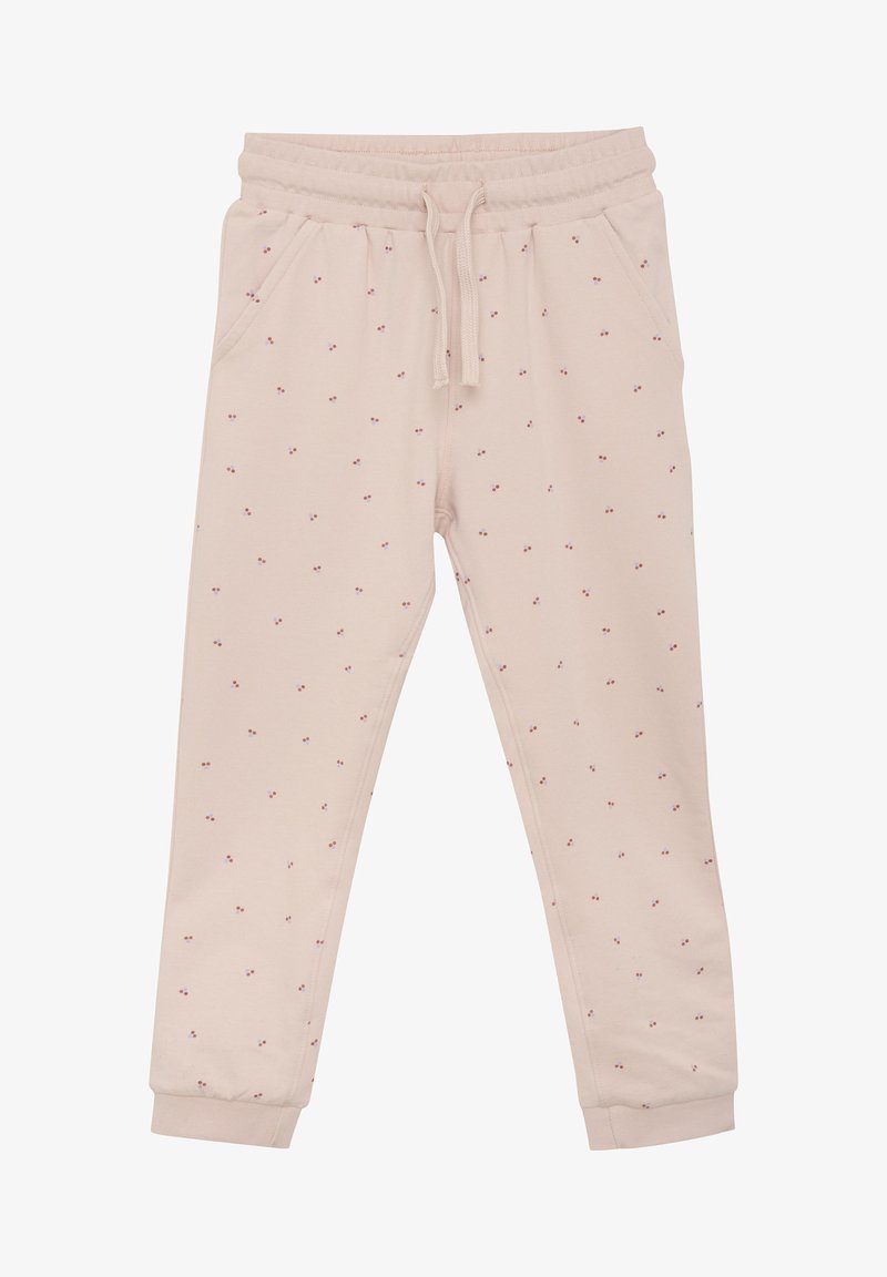 Joggings rose clair en mélange de coton doux, dotés d'une taille élastique, d'un cordon de serrage, de poches latérales et de petits motifs floraux rouges.