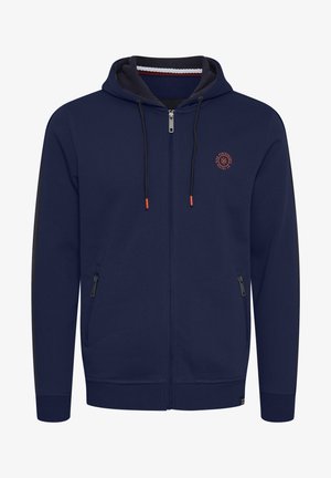 Navy zip-up hoodie with a drawstring hood, contrasting side accents, and zippered pockets. Features a logo on the chest area.