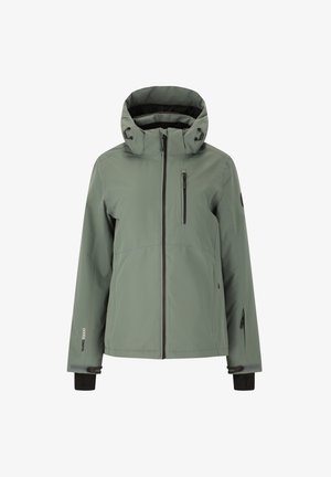 Grüne, wasserfeste Jacke mit Kapuze, Reißverschluss vorne und zwei Seitentaschen. Verfügt über schwarze Reißverschlüsse und verstellbare Ärmelbündchen. Glatte Textur.