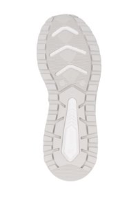 Suela de zapato de goma blanca con un patrón de zigzag, agarre texturizado y logo. Destaca por su diseño segmentado y bordes acanalados.