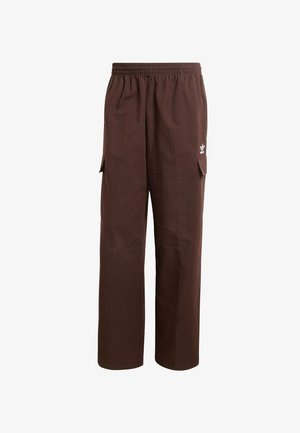 Brune cargobukser med løs pasform, elastisk talje, sidelommer og diskret lodret tekstur. Indeholder hvidt logo foran.