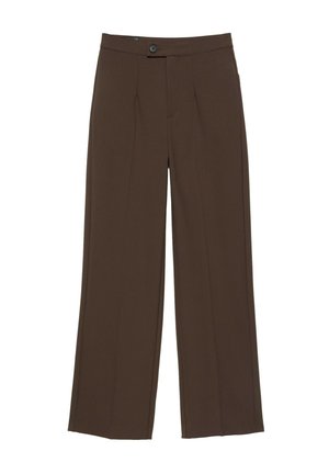 Pantalon large marron avec un bouton à l'avant et une fermeture éclair dissimulée, présentant des plis marqués le long des jambes.