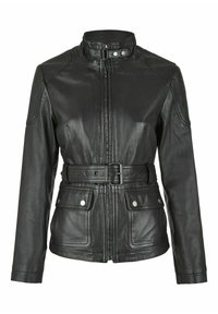 Zwarte leren jack met hoge kraag, ritssluiting, ceintuurlijn en twee voorzakken met drukknoopsluiting. Glad materiaal en fitted model.