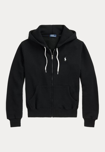 Černá mikina na zip s bílými šňůrkami, předními kapsami, žebrovanými manžetami a malým bílým logem Polo Ralph Lauren na prsou.