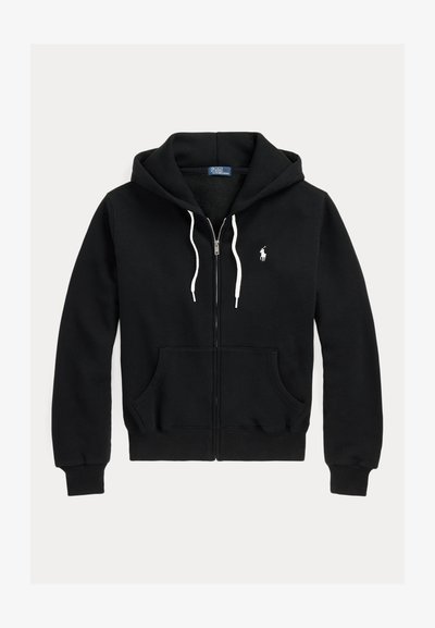 Černá mikina na zip s bílými šňůrkami, předními kapsami, žebrovanými manžetami a malým bílým logem Polo Ralph Lauren na prsou.