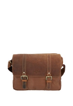 Braune Leder-Umhängetasche mit zwei Schnallenriemen und einem verstellbaren Schultergurt vor weißem Hintergrund.