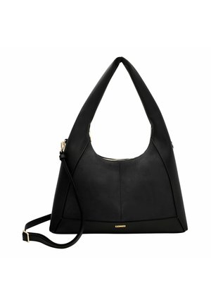 Borsa a tracolla in pelle nera con forma strutturata, ampio manico superiore, tracolla regolabile e accessori in tonalità dorata. Texture liscia con dettagli cuciti.