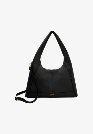 Sac à main en cuir noir avec une forme structurée, une large anse supérieure, une bandoulière ajustable et des accents en métal doré. Texture lisse avec des détails de coutures.