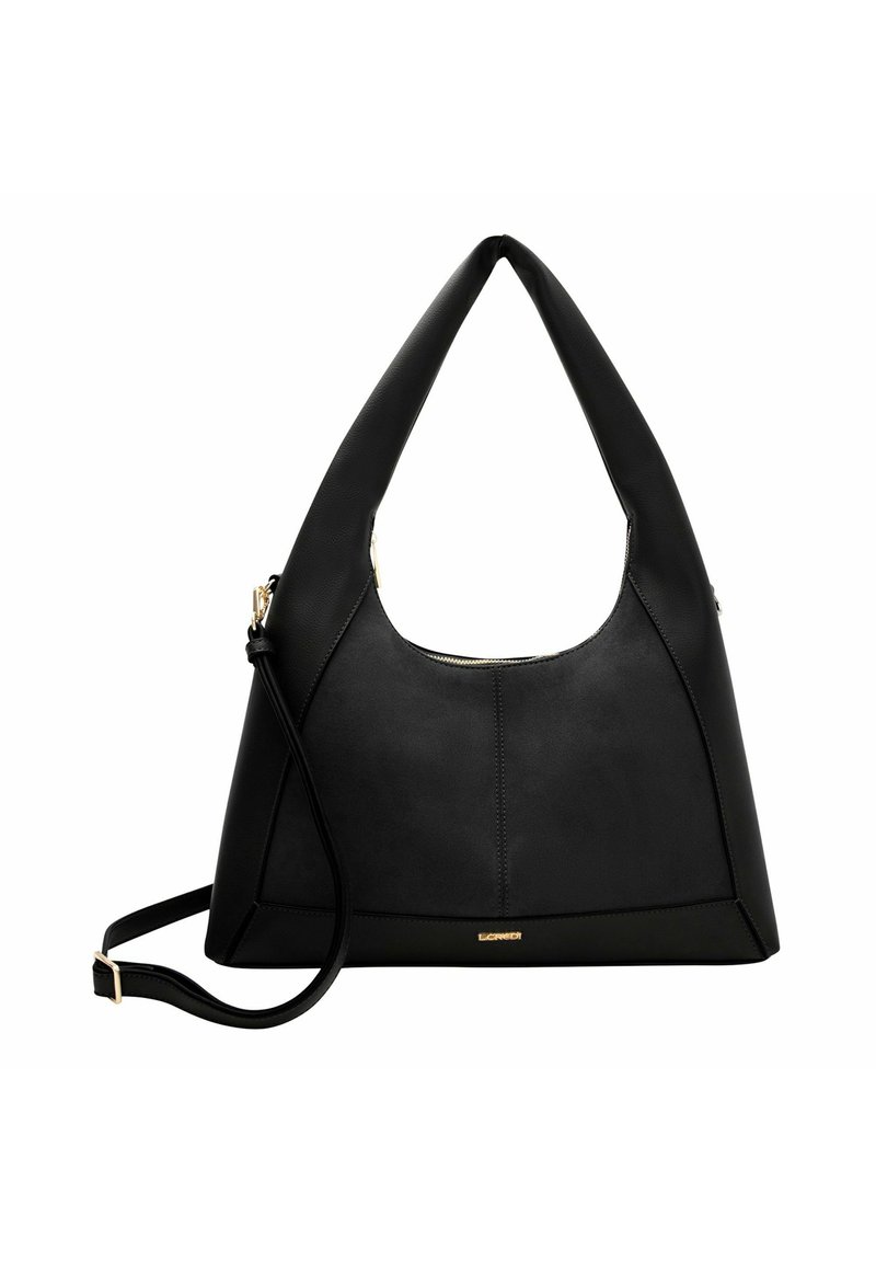 Borsa a tracolla in pelle nera con forma strutturata, ampio manico superiore, tracolla regolabile e accessori in tonalità dorata. Texture liscia con dettagli cuciti.