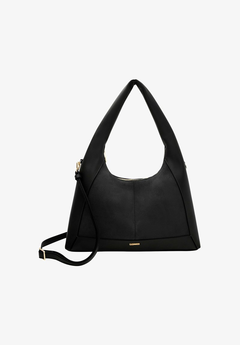 Borsa a tracolla in pelle nera con forma strutturata, ampio manico superiore, tracolla regolabile e accessori in tonalità dorata. Texture liscia con dettagli cuciti.