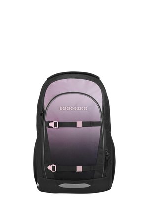 Sac à dos avec devant en dégradé noir et violet, deux boucles roses réglables, compartiments zippés et logo "coocazoo".