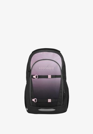 Backpack with black and purple gradient front, two adjustable pink buckles, zippered compartments, and "coocazoo" logo.