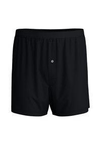 Zwarte katoenen boxershorts met een knoopsluiting aan de voorkant, een elastische tailleband en een gladde textuur, zonder patronen of extra hardware.