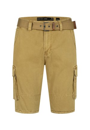 Khaki cargo sortok oldalsó zsebekkel, tartós pamut anyagból készült. Széles övvel és varrott díszítésekkel rendelkezik az extra részletekért.