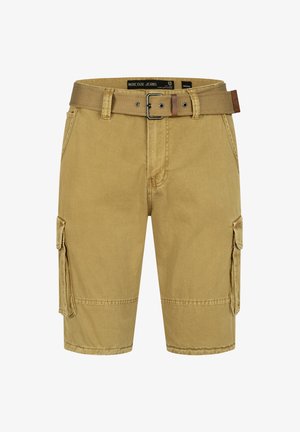 Shorts cargo kaki avec poches latérales, fabriqués en coton résistant. Présente une large ceinture et des accents cousus pour un détail supplémentaire.