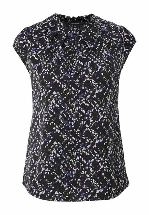 Blouse noire à manches courtes avec motif abstrait dispersé violet, blanc et bleu clair et encolure froncée.