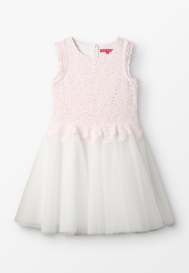 Lichtroze mouwloze jurk met een kant bodice en gegolfde taille, overgaand in een witte tule rok. Achterzijde met ritssluiting.