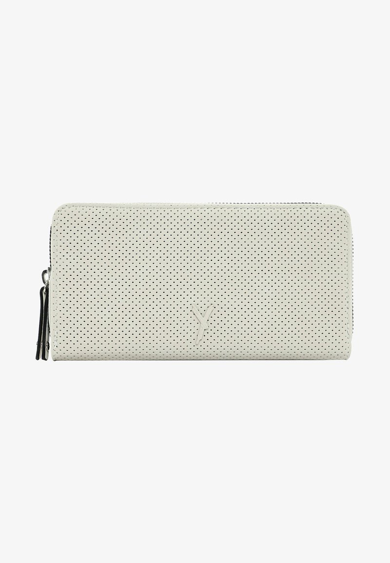 Gray wallet made of perforated leather, featuring a zip closure and textured accents. Notable logo detail in the lower center.