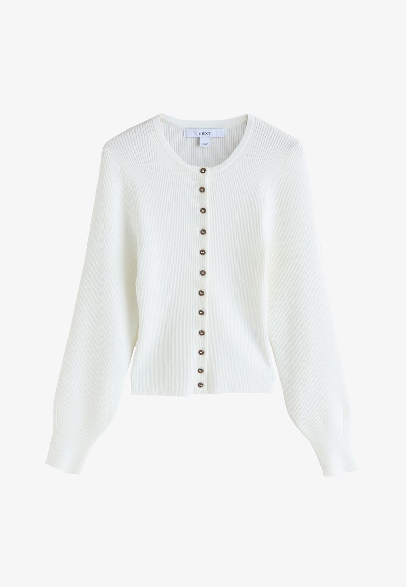Cardigan blanc en maille côtelée, manches longues, col rond et une rangée de petits boutons marron au centre devant.