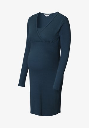Navyblauwe langemouwen zwangerschap jurk met een V-hals wikkelontwerp en empire taille, gemaakt van ribbelige rekbare stof.