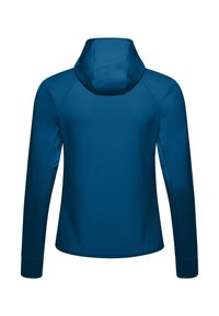 Felpa con cappuccio blu e maniche lunghe; presenta una trama liscia e un design aderente. La vista posteriore mostra un colore uniforme e semplice.