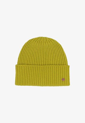 Cappello in maglia a coste giallo-verde con orlo piegato e una piccola etichetta metallica tonda sul polsino.