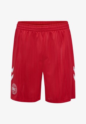 Rote Sportshorts mit vertikalen Mesh-Streifen, weißen Seiten-Chevron-Akzenten und einem runden Logo am linken Bein.
