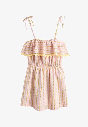 Ružové šaty z látky s nastaviteľnými viazaniami na ramenách, volánovým výstrihom, elastickým pásom, vzorom zvislých prúžkov a žltým vlnitým lemom.