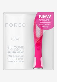 Rosa silikone tandbørstehoved med tekstureret greb og cirkulære børster, vist i en gennemsigtig emballage med produktinformation.