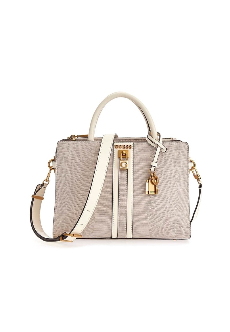 Borsa beige con esternoTexture, doppi manici, una tracolla removibile, accessori in oro e un dettaglio con serratura pendente.