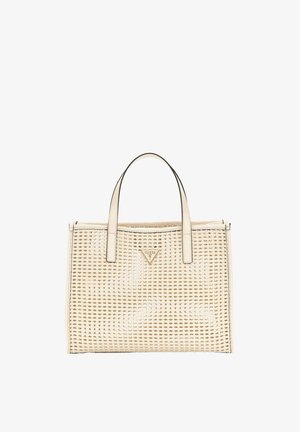 Geantă de umăr bej, țesută, fabricată din material sintetic, cu două mânere superioare, un logo triangular și o margine netedă contrastantă.
