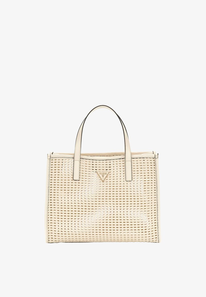 Beige woven tote bag made of synthetic material, featuring two top handles, a triangular logo, and a smooth contrasting trim.