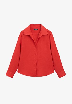 Red linen blouse with a pointed collar, long sleeves, and a button-down front. Smooth texture and regular fit with curved hem.