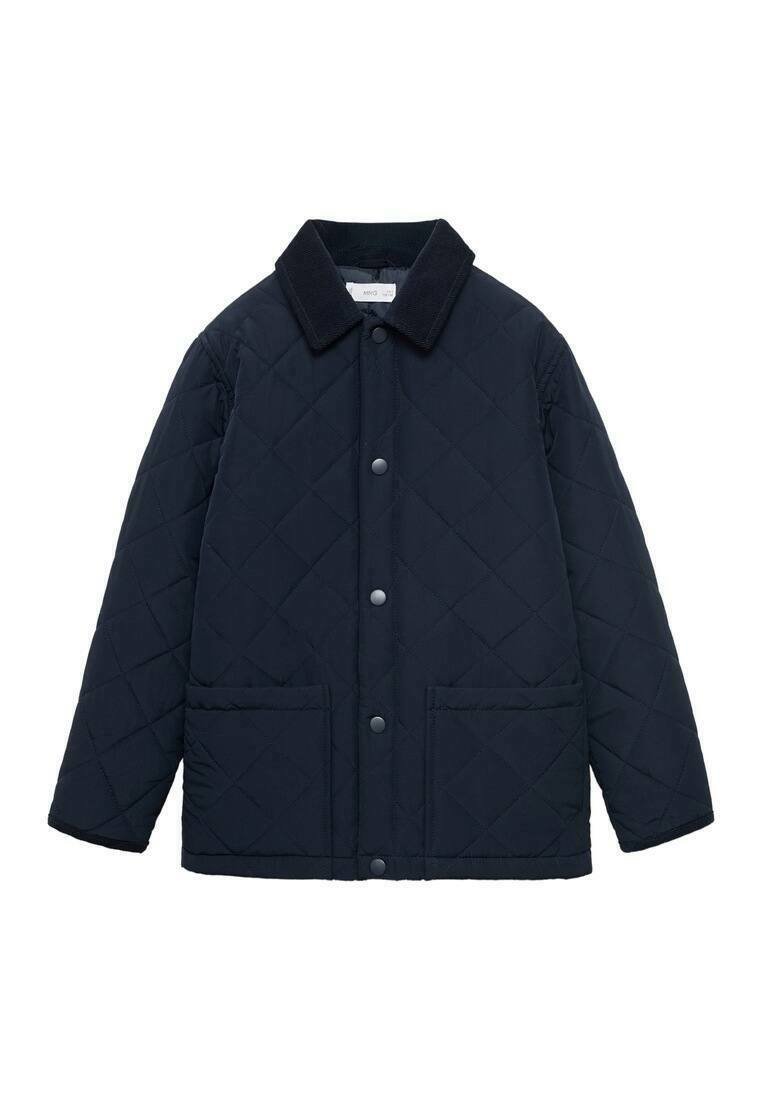 Navy quilted jacket with a corduroy collar, snap buttons, two front pockets, and a diamond pattern on the fabric.