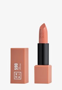 Lipstick in a nude peach shade, housed in a rectangular black and peach container, features embossed branding and a tapered bullet shape.