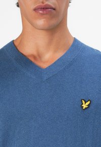 Primo piano di una persona che indossa un maglione blu a scollo a V con un piccolo emblema di un uccellino giallo sul lato sinistro del petto.