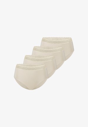 Cztery beżowe damskie majtki z koronkowymi paskami w talii ułożone w przesuniętej linii na białym tle.