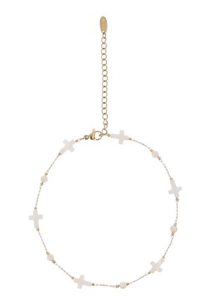 Delikat guldkædearmbånd med skiftevis hvide kors- og runde perler, forsynet med karabinlås og justerbar forlængerkæde.