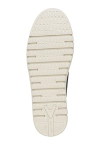 Witte rubberen schoenzool met een gestructureerd grippatroon, met een centraal "V"-logo. Het ontwerp bevat horizontale en verticale ribbels.