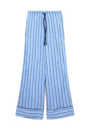 Hellblaue weit geschnittene Hosen mit vertikalen dunkelblauen Streifen, einem elastischen Bund mit Kordelzug und einer strukturierten Stoffoberfläche.