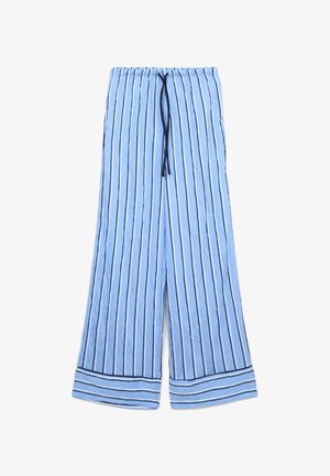 Pantaloni blu chiaro a gamba larga con righe verticali blu scure, vita elastica con cordino e un finitura in tessuto testurizzato.