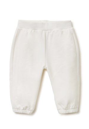 Pantaloni della tuta bianchi per bebè con vita elastica e polsini alle caviglie, realizzati in tessuto morbido.