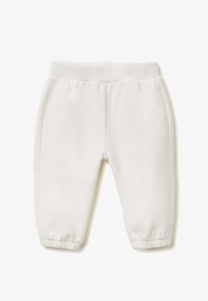 Pantaloni della tuta bianchi per bebè con vita elastica e polsini alle caviglie, realizzati in tessuto morbido.