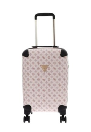 Valise rigide avec surface beige à motifs, protections d'angle noires, quatre roues et poignée télescopique déployée.