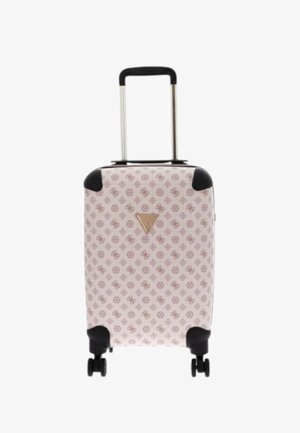 Valise rigide avec surface beige à motifs, protections d'angle noires, quatre roues et poignée télescopique déployée.