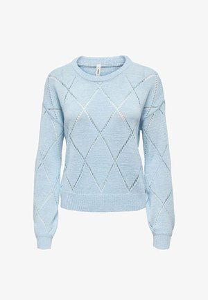 Light blue knit sweater featuring a diamond patterned design with openwork details, round neckline, and ribbed cuffs and hem.