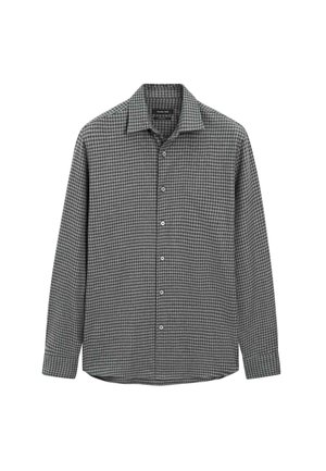 Camicia a quadri grigia e nera con bottoni, collo aperto, maniche lunghe e vestibilità classica con trama liscia.